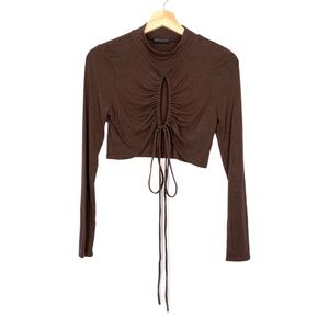 White Fox Cropped Ribbed Top High Neck Key Hole Front W/ Drawstrings Large NWOT